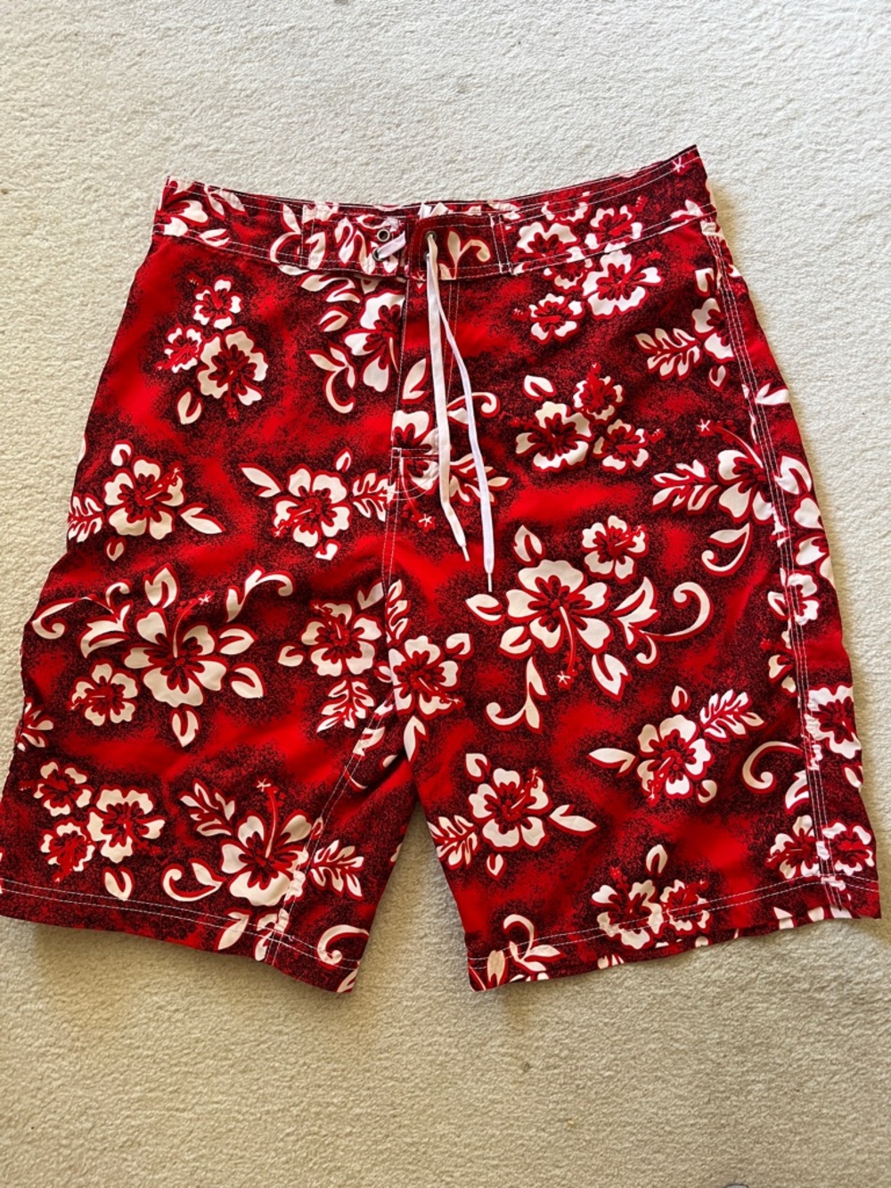 Men's Red Floral Board Shorts with White Drawstring
